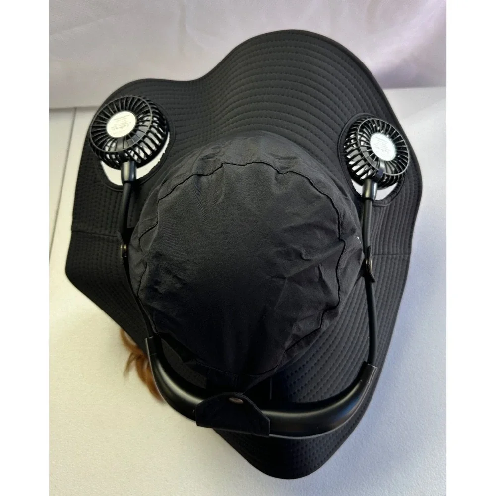 Wide Brim Sun Hat Dual Fans UV Protection Black Hiking Fishing Camping NEW Gear